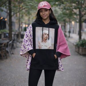 Hand Crafted BILLIE EILISH Hoodie with Kantha Sleeves, by Susie.